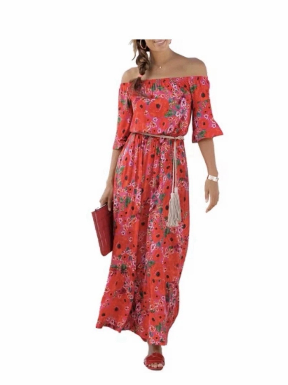 Lascana Off-Shoulder Red Floral Maxi Dress